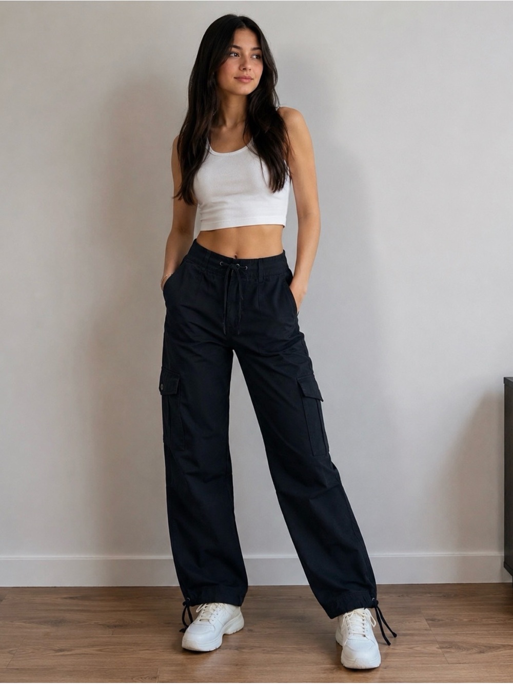VENUS Black Wide-Leg Cargo Pants with Drawstring Ankles